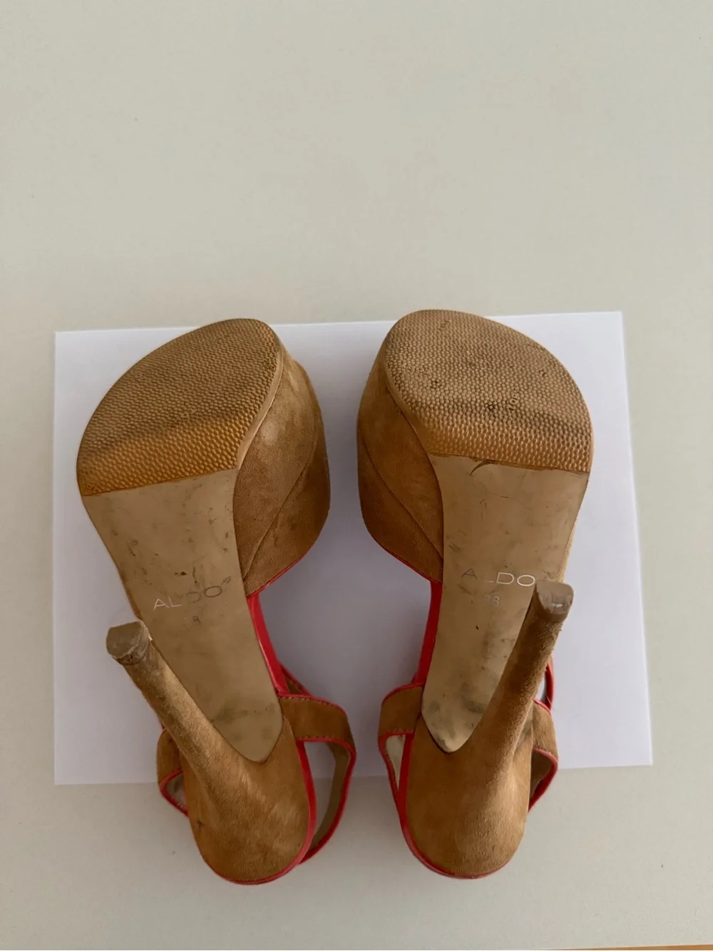Aldo T-Strap Suede Platform Sandals in Brown with Orange Trim